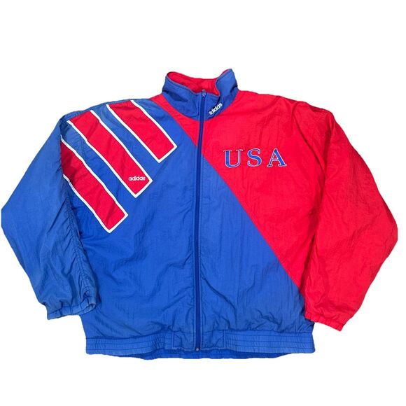 Vintage 80s Adidas Olympics Track Jacket Sz Large Red Blue Windbreaker Team USA - Picture 1 of 11